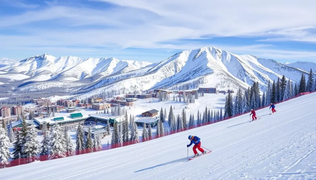 Image of Mammoth Mountain ski resort with snow-covered slopes and skiers in action