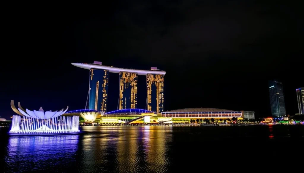 Image of Marina Bay at night with illuminated buildings and a spectacular light show