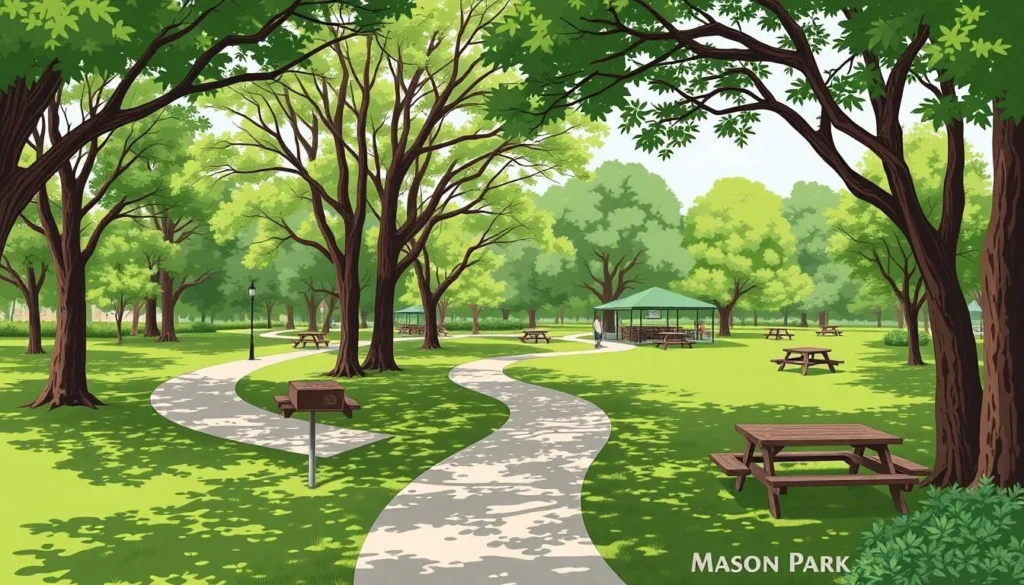 Image of Mason Park in Laurel, Mississippi, with shaded walking paths and picnic areas.