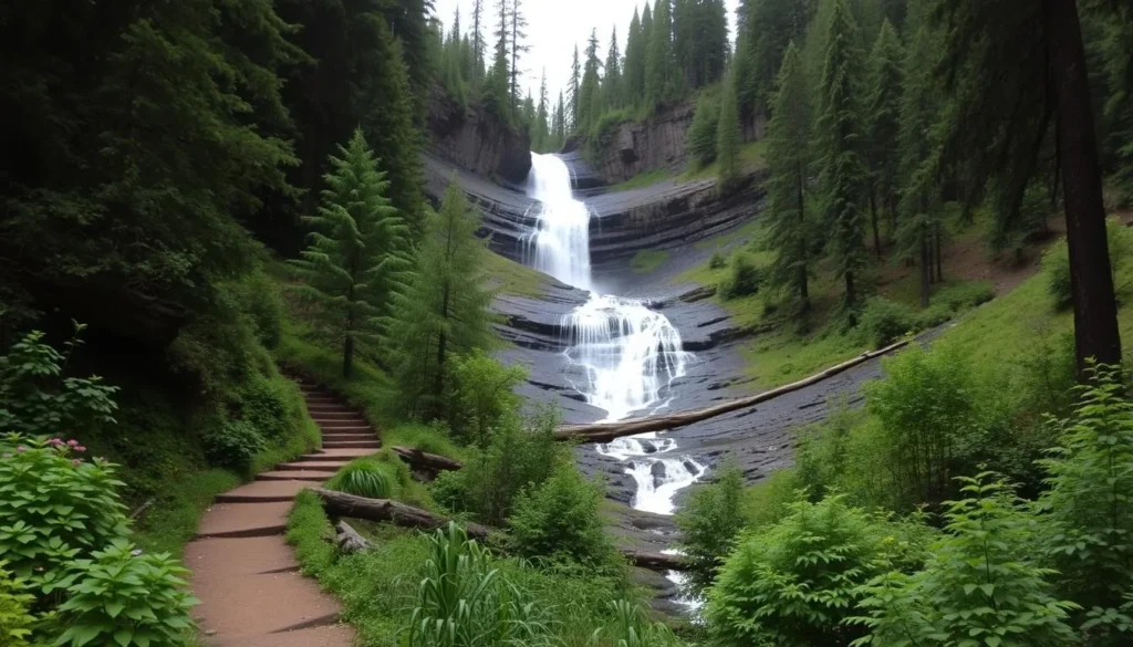 Image of McCloud Falls hiking trail with lush green surroundings and waterfalls