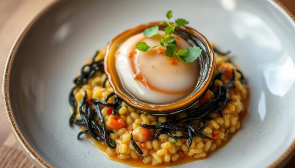 Image of Meta restaurant's steamed Jeju abalone on gochujang-spiked seaweed risotto