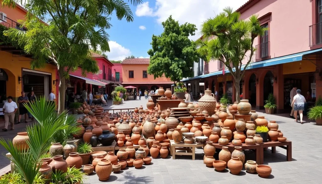 Image of Metepec's central plaza with traditional pottery on display