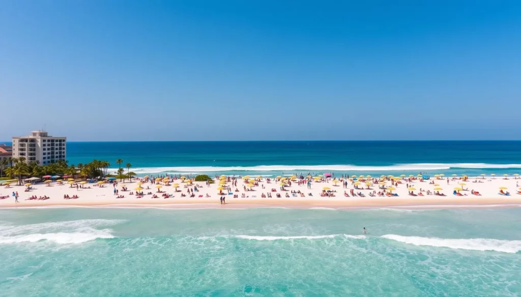 Image of Miramar Beach in Tampico, Mexico, with clear blue waters and a lively atmosphere
