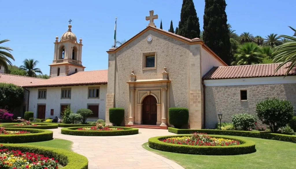 Image of Mission Santa Barbara with its iconic architecture and gardens
