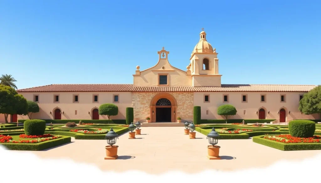 Image of Mission Santa Clara de Asís with its beautifully maintained gardens and historic architecture