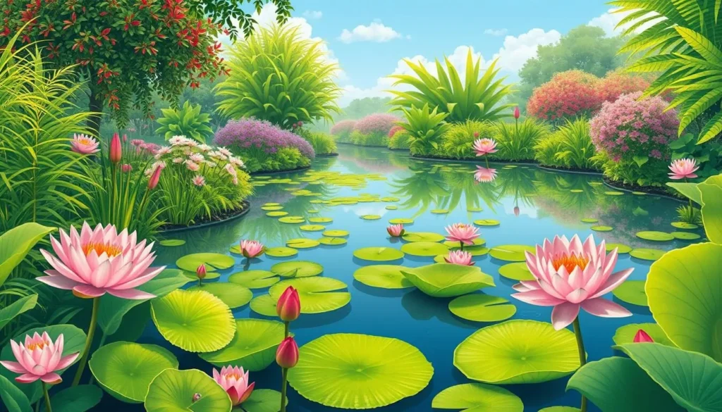 Image of Moir Gardens with lush greenery and water lily ponds