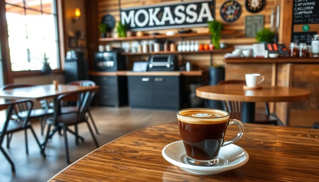 Image of Mokaska Coffee Company's cozy interior with a cup of coffee