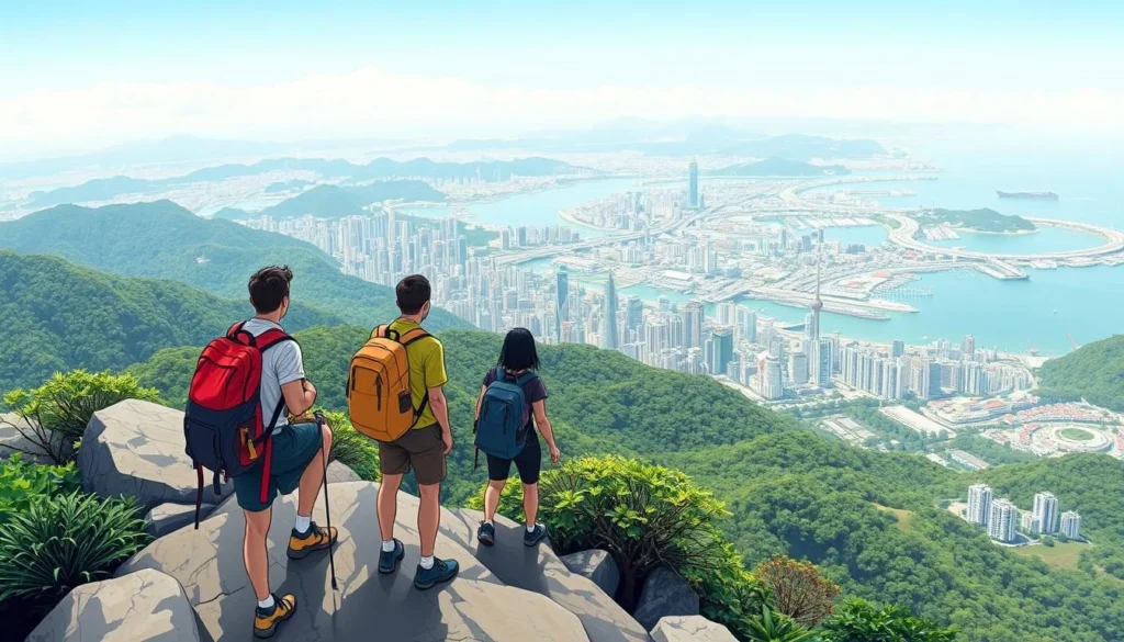 Image of Monkey Mountain with hikers and panoramic views of Gaoxiong city and harbor
