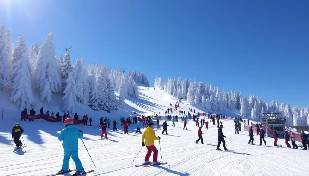 Image of Mont Ripley Ski Hill with skiers and snowboarders on the slopes.