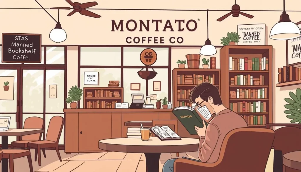 Image of Montago Coffee Co.'s cozy interior with a customer reading a book from the Banned Bookshelf