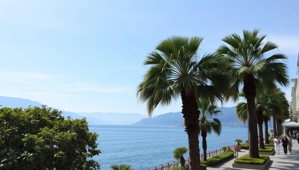 Image of Montreux lakeside promenade with palm trees and Lake Geneva in the background