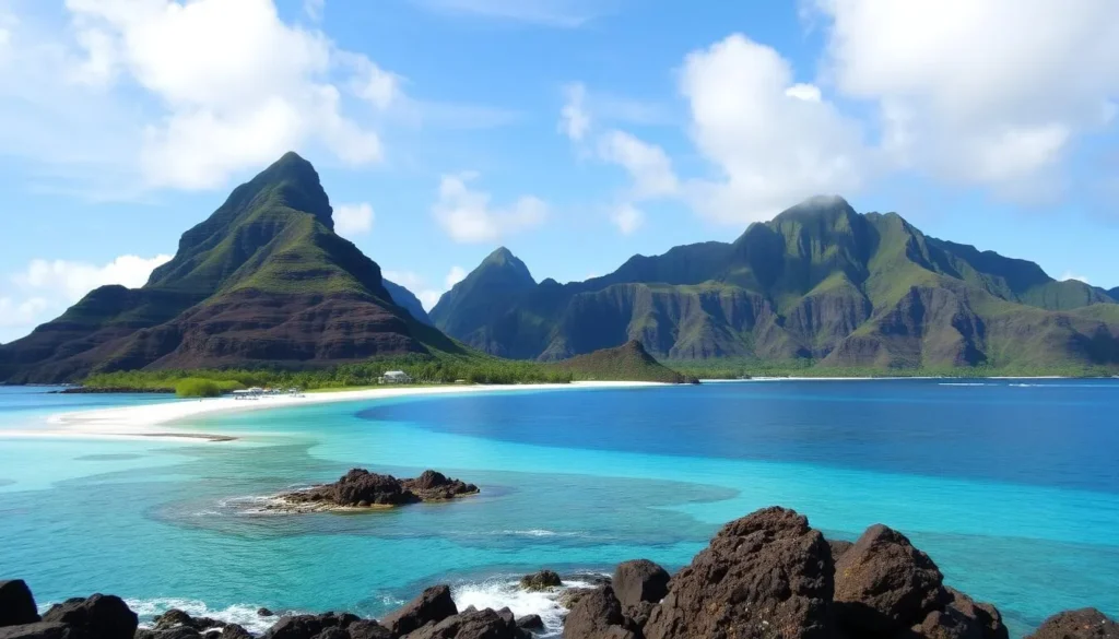 Image of Mo'orea island with its volcanic peaks and white sand beaches