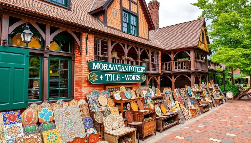 Image of Moravian Pottery and Tile Works in Doylestown, Pennsylvania, showcasing its historic building and beautiful handmade tiles.