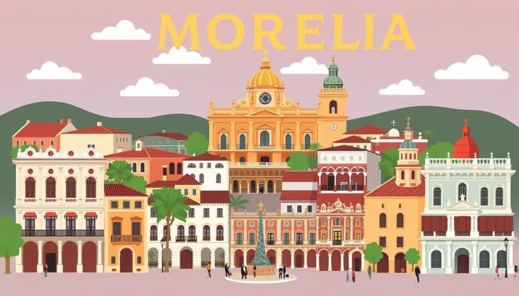 Image of Morelia's historic center with various hotels and accommodations
