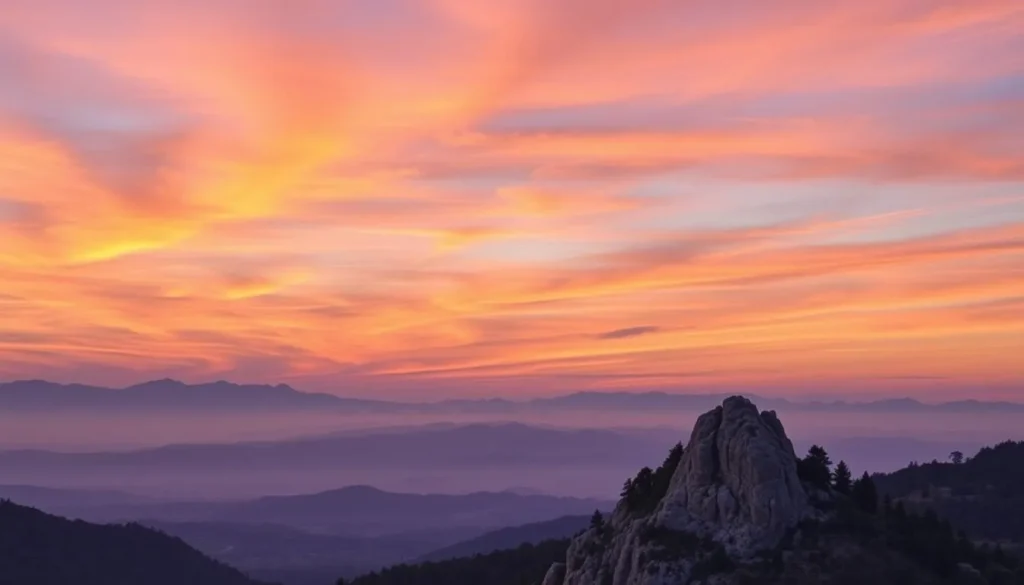 Image of Moro Rock at sunset with a clear view of the Sierra Nevada mountains