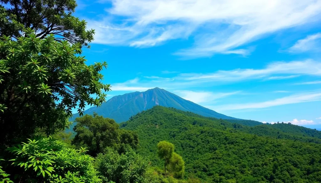 Image of Mount Mulanje with a clear blue sky and lush greenery
