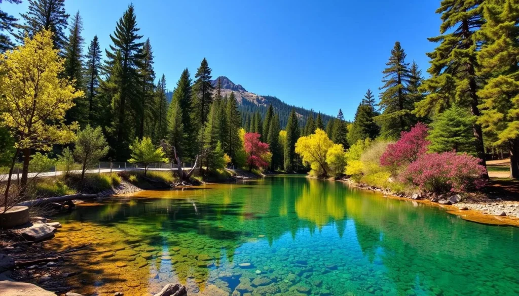 Image of Mount Shasta City Park with the spring water and surrounding forest