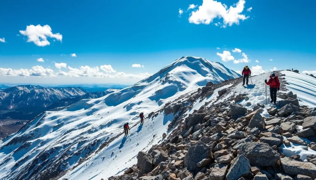 Image of Mount Shasta with climbers ascending