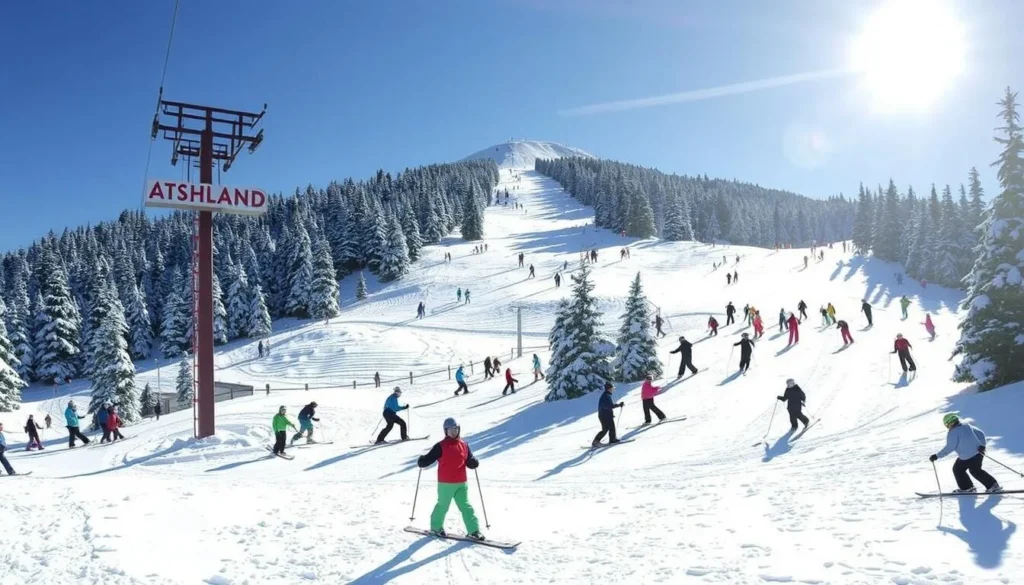 Image of Mt. Ashland Ski Area with snow-covered slopes and skiers
