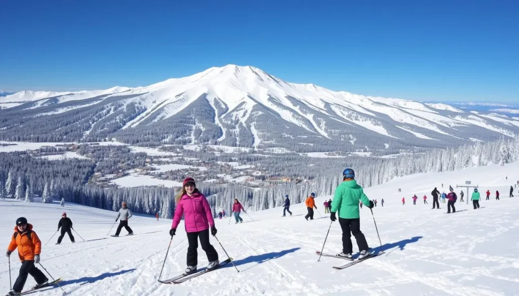 Image of Mt. Bachelor ski resort with snow-covered slopes and happy skiers.
