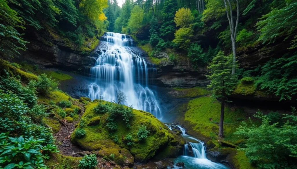 Image of Munson Creek Falls in all its glory, with lush greenery surrounding it