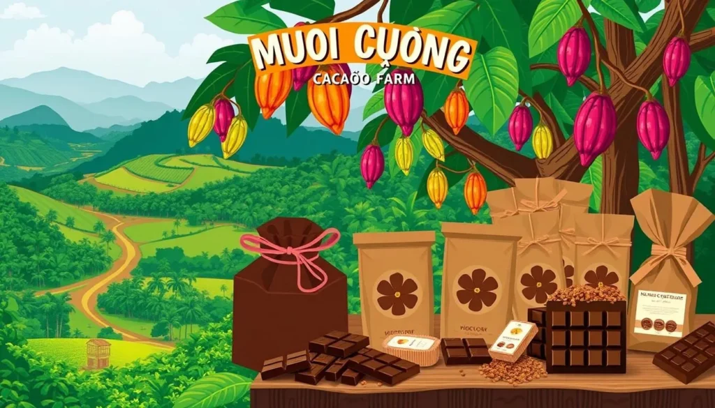 Image of Muoi Cuong Cacao Farm with cacao beans and chocolate products