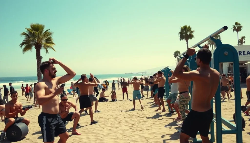 Image of Muscle Beach in Santa Monica, California, with people working out outdoors
