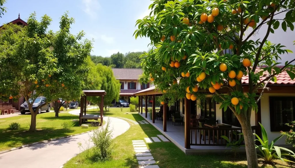 Image of My Khanh Tourist Village with lush fruit orchards and traditional Vietnamese houses