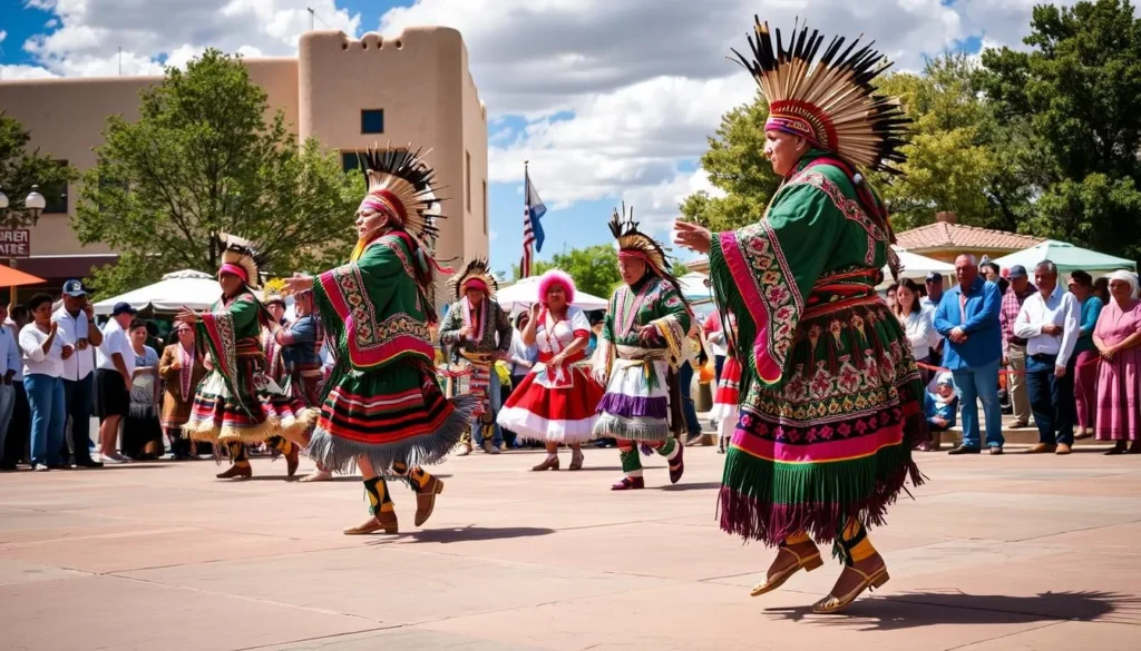 Image of Native American dancers performing at Courthouse Square in Gallup, New Mexico