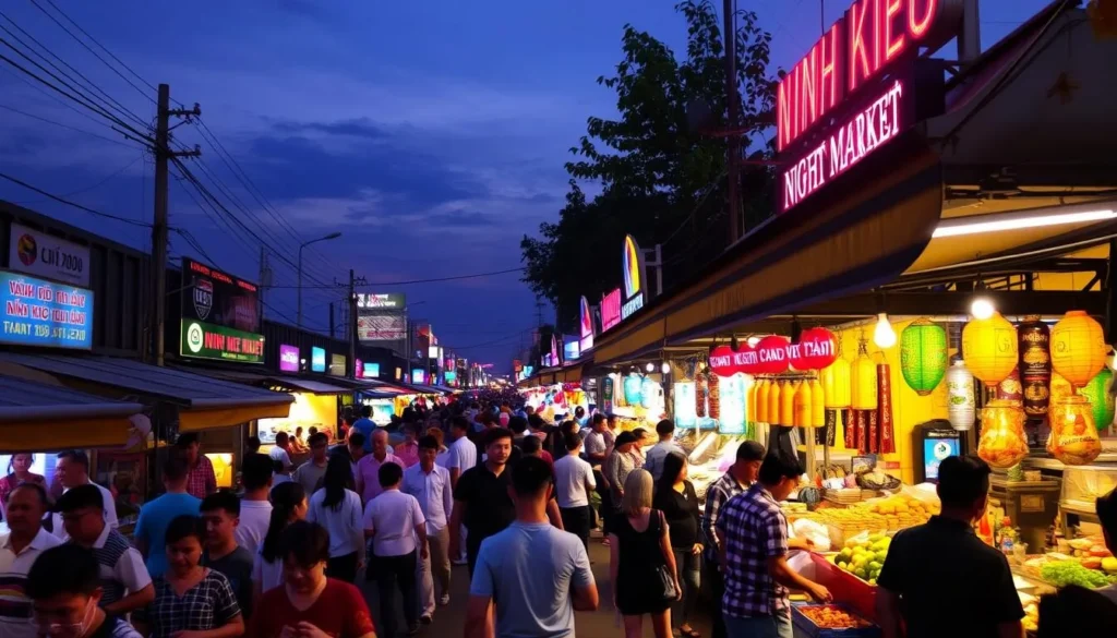 Image of Ninh Kieu Night Market at dusk with colorful lights and bustling activity