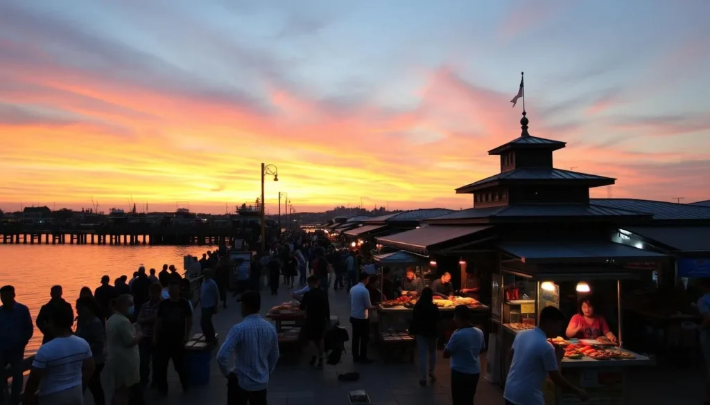 Image of Ninh Kieu Wharf at sunset with locals enjoying street food