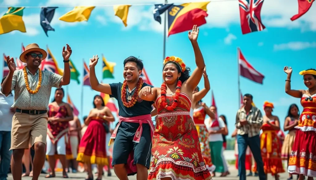 Image of Niuean people celebrating Constitution Week with traditional dance and flags