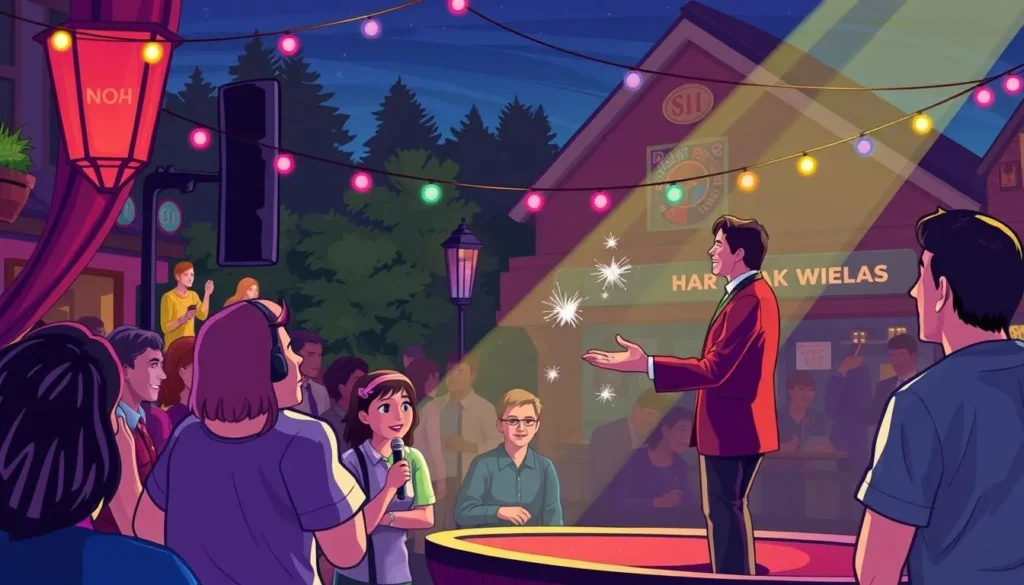 Image of Noah Wells performing magic tricks on stage at HarborWalk Village