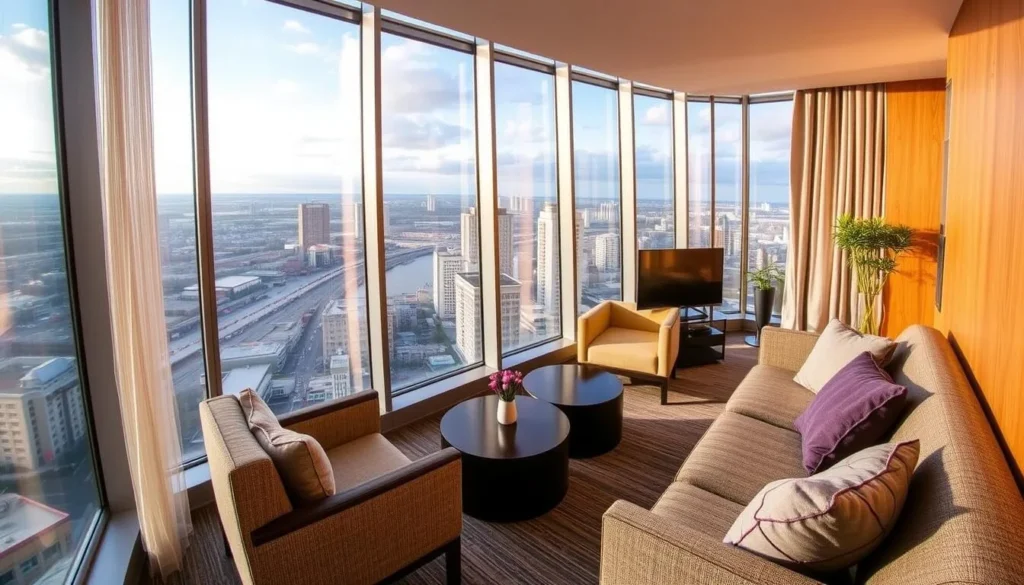 Image of Norden Ruder Hostel's 12th-floor lounge with city views