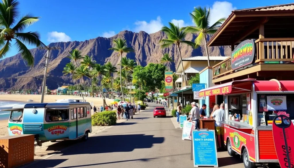 Image of North Shore, Oahu, with a mix of beaches, food trucks, and Haleiwa Town