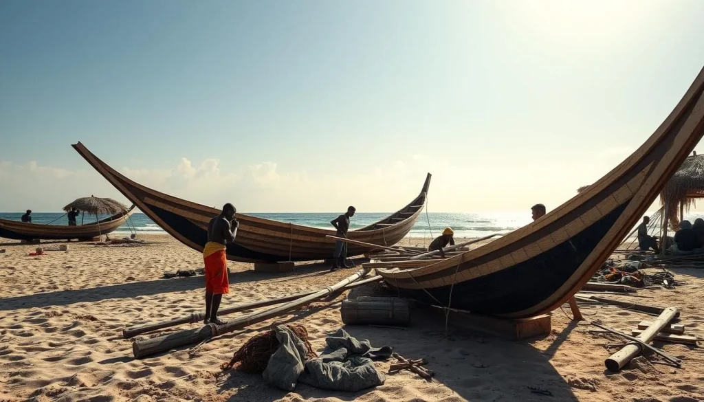 Image of Nungwi Village dhow builders at work on the beach