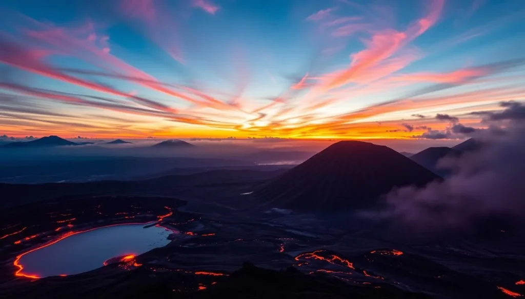 Image of Nyiragongo Volcano's lava lake at sunset