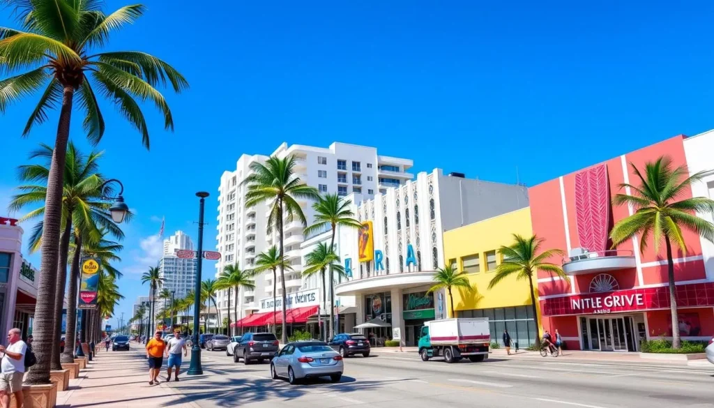 Image of Ocean Drive, Miami Beach, with Art Deco buildings and people strolling