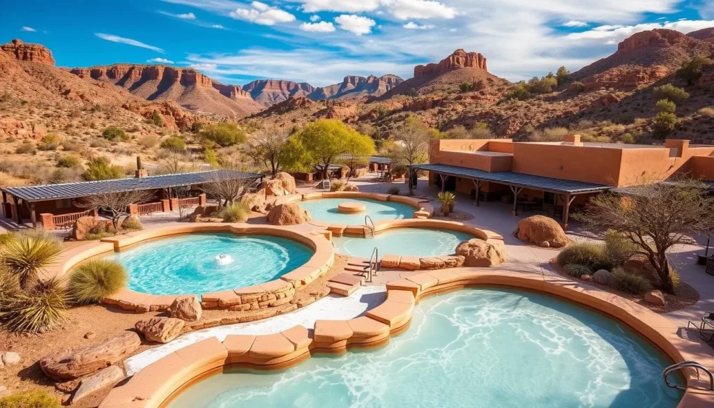 Image of Ojo Caliente Mineral Hot Springs resort with mineral pools and desert landscape