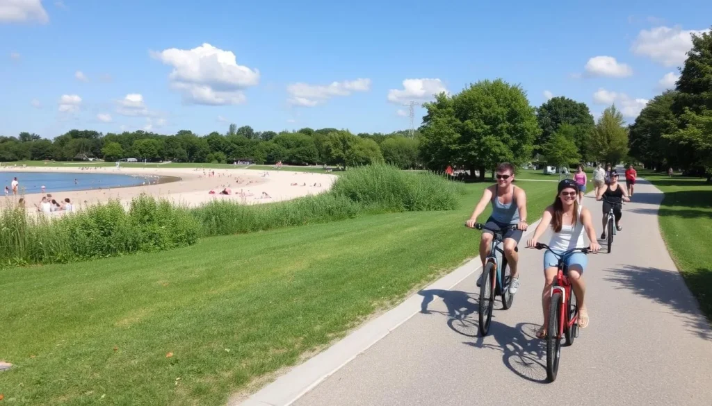 Image of Parc Jean-Drapeau during summer with people enjoying the beach and cycling