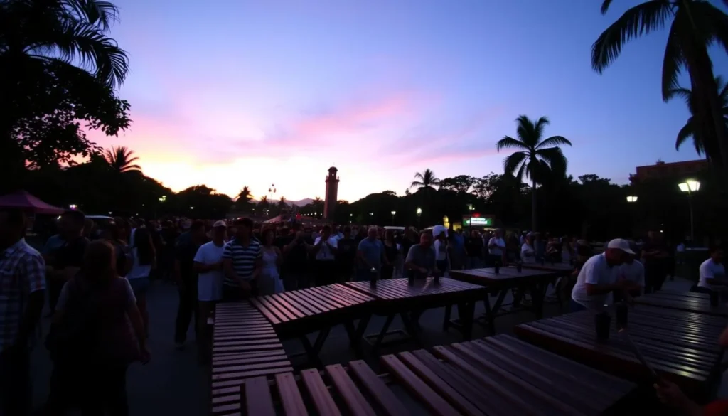 Image of Parque de la Marimba at dusk with marimba players performing