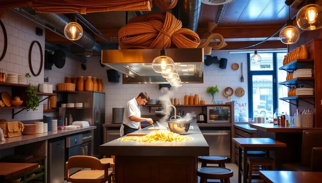 Image of Pasta Bar's interior with an open kitchen and a chef making pasta