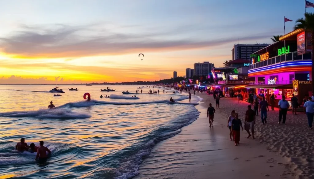 Image of Pattaya Beach with people enjoying water sports and nightlife