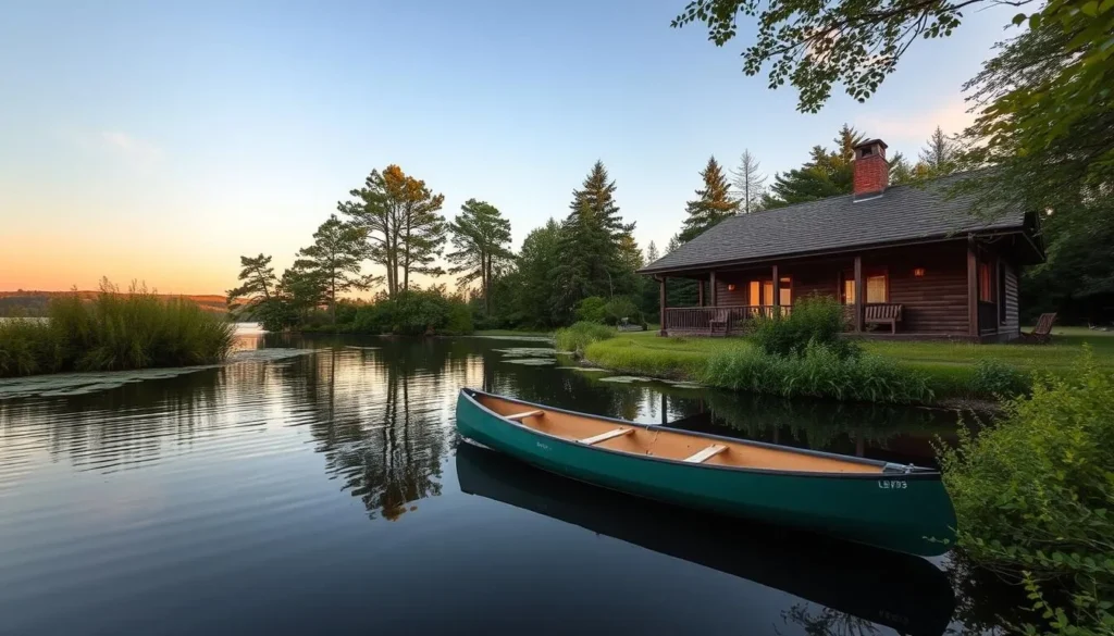 Image of Peaceful Lakeside Home with a canoe on the lake