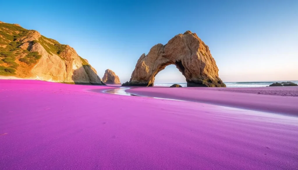 Image of Pfeiffer Beach with its distinctive purple sand and Keyhole Arch rock formation