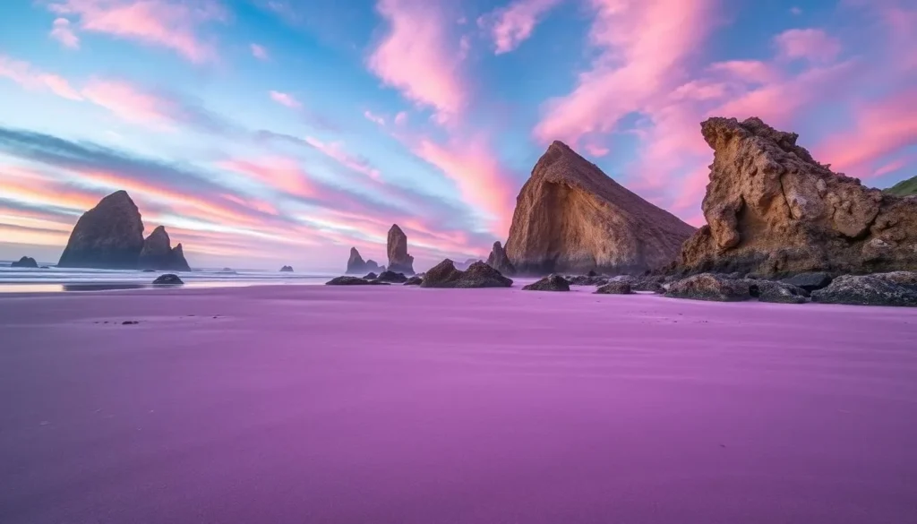 Image of Pfeiffer Beach with purple sand and rock formations