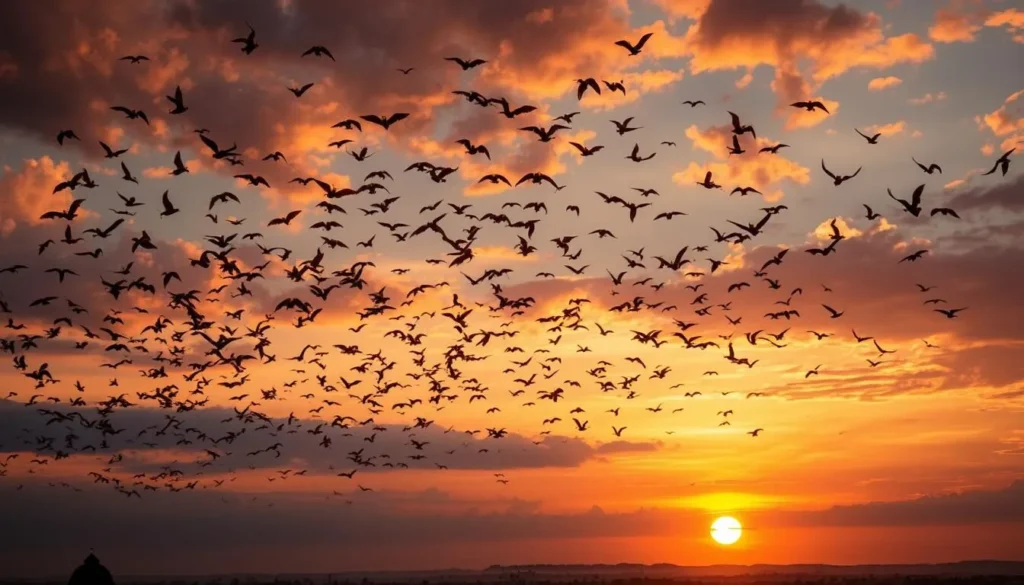 Image of Phnom Sampov at sunset with bats flying out