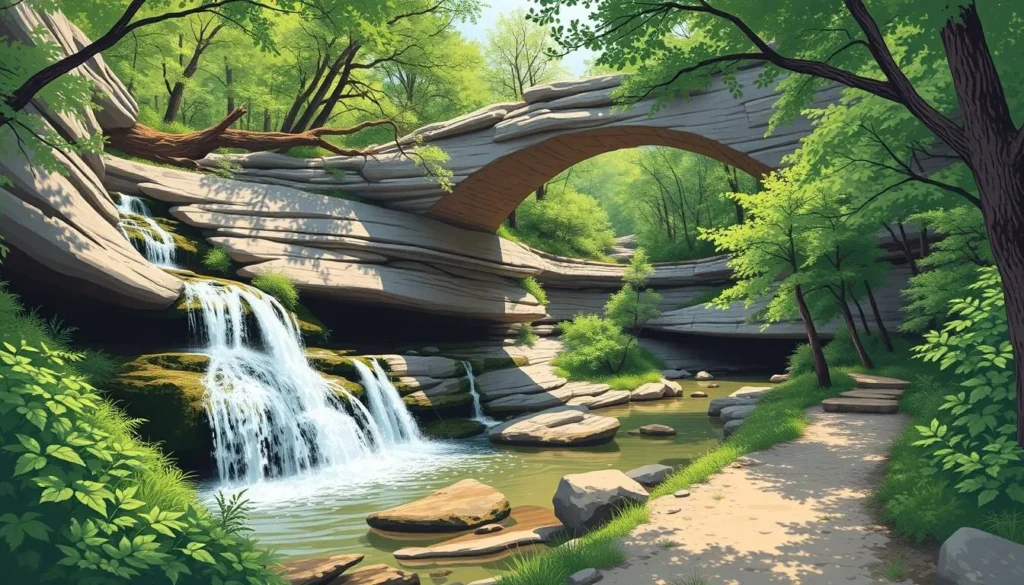 Image of Pickle Springs Natural Area's loop trail featuring a waterfall and natural arches