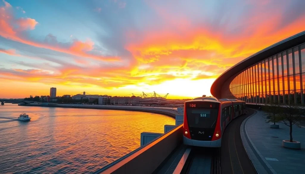 Image of Pier2 Art Center at sunset with the Kaohsiung Light Rail passing by