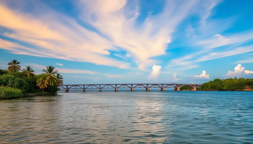 Image of Pigeon Key with the Old Seven Mile Bridge in the background